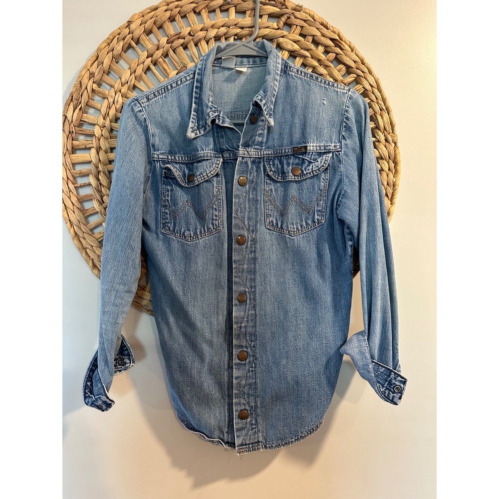 Vintage 70s Wrangler Denim Western Shirt Snap Button Long Sleeve Mens Small